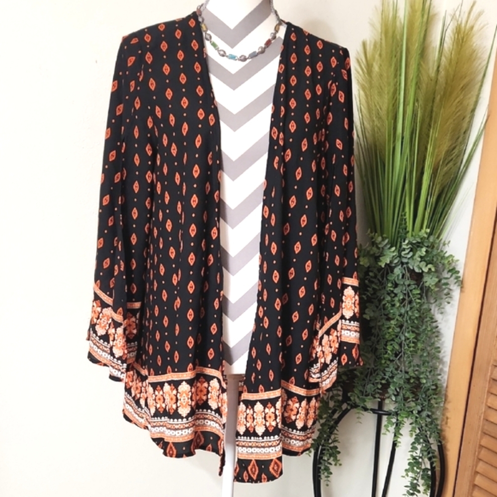 Berry and Cream Chic Black and Orange Patterned Kimono Cardigan